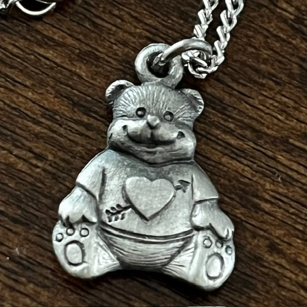 Vintage Pewter Jewlery Set Bear Trinket Box Earrings Necklace Brooch Pin Child